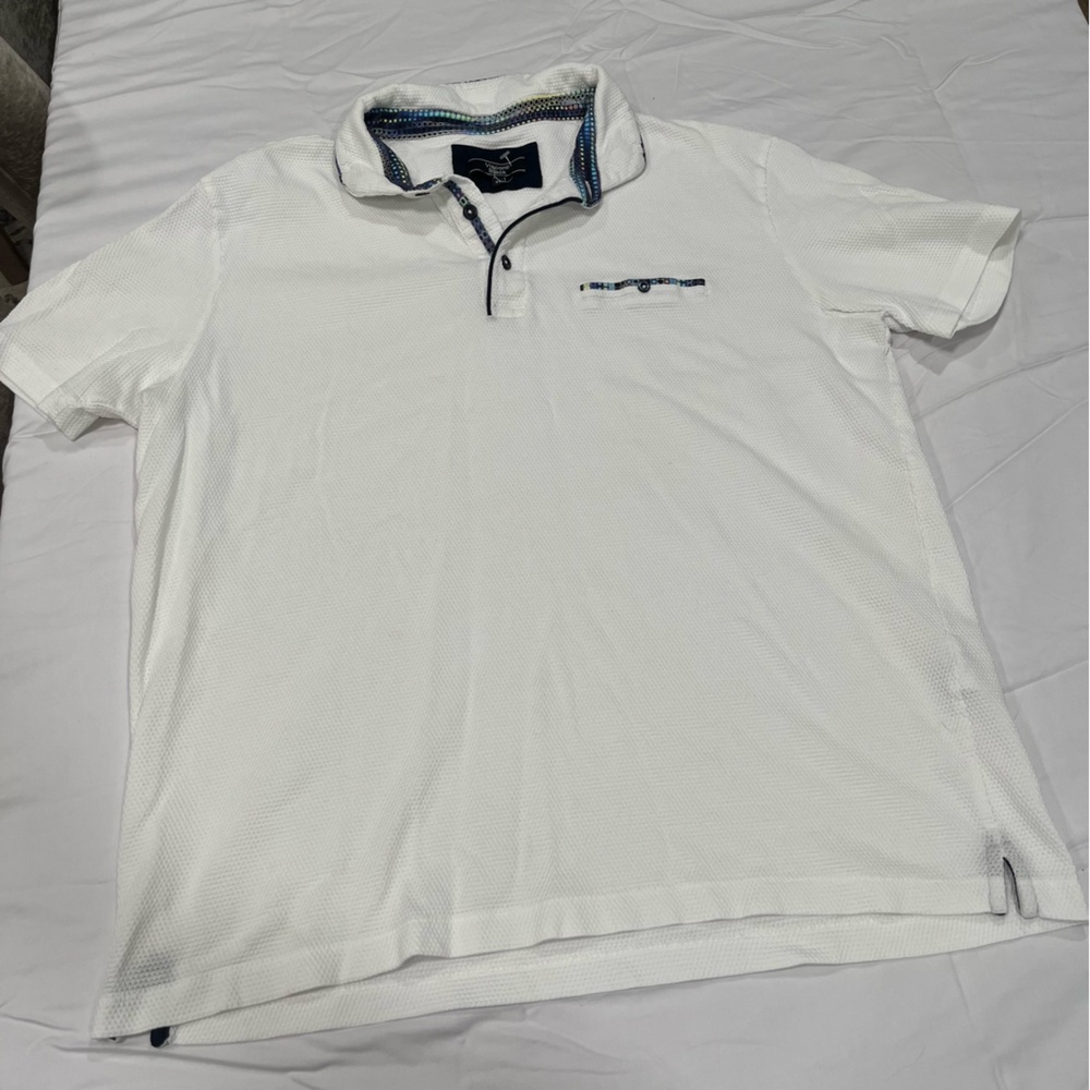 Visconti Black Textured White Polo Shirt with Navy Details Size Large